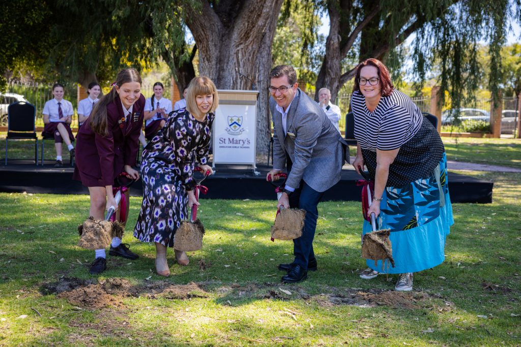 Year 9 student Alexis Pastor, Principal Mrs Judith Tudball, Board member and Chair of the Capital Development Advisory Committee, Mr Craig Muir, and President of the St Mary’s Old Girls’ Association, Mrs Amy Dawson (Fraser '94) turning the sod with ceremonial shovels.